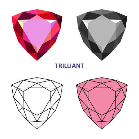 Low poly colored & black outline template trilliant gem cut icons isolated on white background, illustrationのイラスト素材