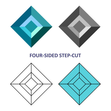 Low poly colored & black outline template four-sided step-cut gem cut icons isolated on white background, illustrationのイラスト素材