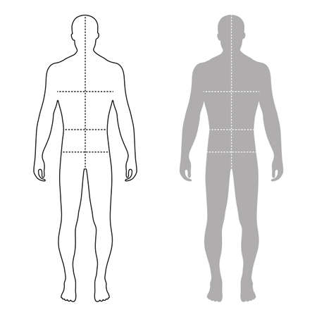 Fashion man full length outlined template figure silhouette with marked body's sizes lines (front view), vector illustration isolated on white backgroundのイラスト素材