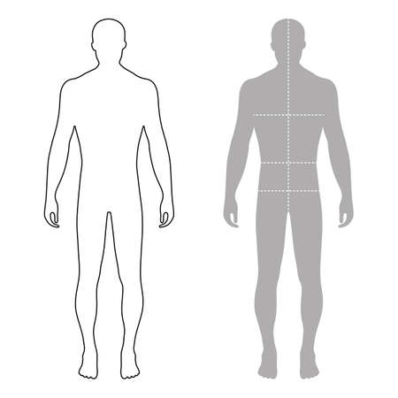 Fashion man full length outlined template figure silhouette with marked body's sizes lines (front view), vector illustration isolated on white backgroundの販売画像