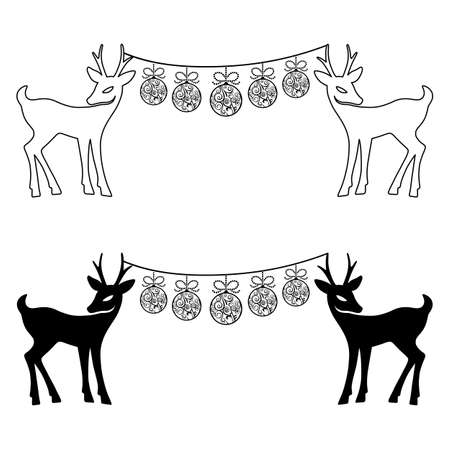 Deers & Christmas balls set silhouettes isolated on white background, design for Xmas cards, banners and flyers, vector illustration isolated on white backgroundのイラスト素材