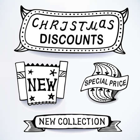 Black-white set of promotional sales english text labels, signs, stickers.
Image contains gradients, blends and gradient meshesのイラスト素材