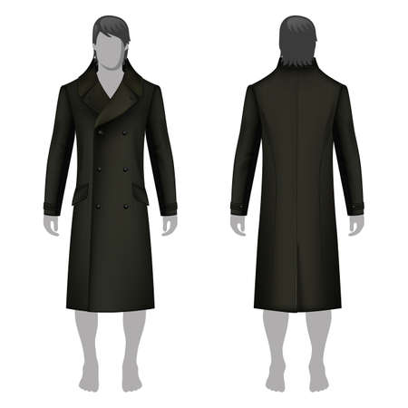 Man's coat outlined template (front & back view) & full length cloaked man's figure, vector illustration isolated on white backgroundのイラスト素材