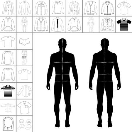 Men's large clothing outlined template set (single breasted suit, shirt, pullover, hoodie, quilted jacket etc.)  & man croquis silhouette, vector illustration isolated on white backgroundのイラスト素材