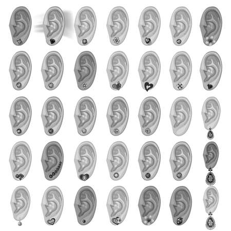 Human ear with an hanging earring front view bundle set, vector illustration isolated on white backgroundのイラスト素材