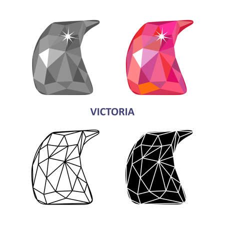Low poly colored & black outline template fancy gem cut icons isolated on white background, vector illustrationのイラスト素材