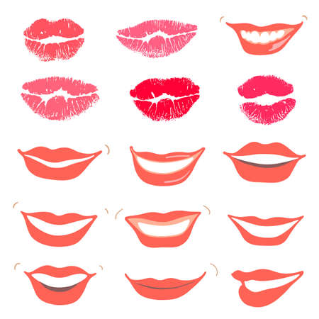 Lovely smiles & collection print of lips set, isolated on white background. Vector illustrationのイラスト素材
