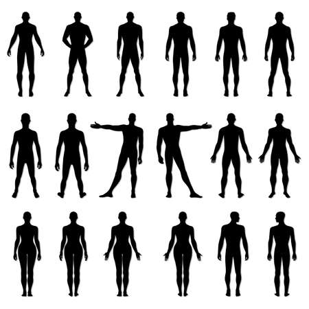Fashion man, woman body set full length bald template figure silhouette (front, back view), vector illustration isolated on white backgroundのイラスト素材
