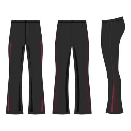 Man outlined dark template skinny flare pants (front, side & back view), vector illustration isolated on white backgroundのイラスト素材