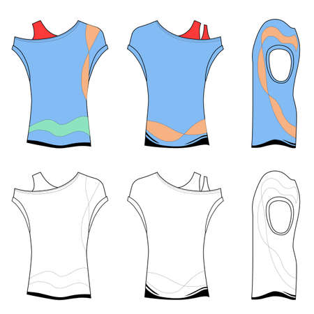 Short sleeve t-shirt outlined template with asymmetrical design (front, side & back view), vector illustration isolated on white backgroundのイラスト素材