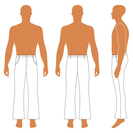 Full length man's silhouette figure in flare pants (front, side & back view), vector illustration isolated on white backgroundのイラスト素材