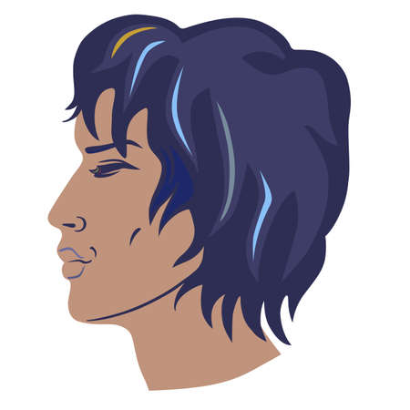 Closeup side portrait of a young curly man, vector illustration isolated on white backgroundのイラスト素材