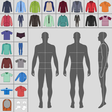 Men's large clothing outlined template set (single breasted suit, shirt, pullover, hoodie, quilted jacket etc.)  & man croquis silhouette, vector illustration isolated on white backgroundのイラスト素材