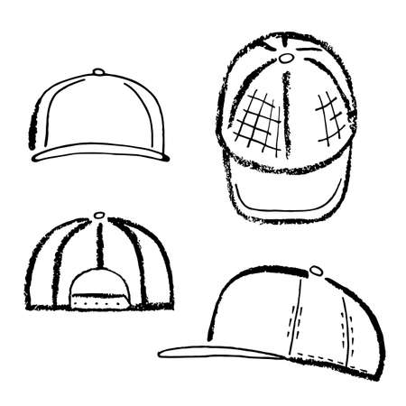 Baseball, tennis, rap cap outlined oil pastel template sketch (front, back and side views), vector illustration isolated on white backgroundのイラスト素材