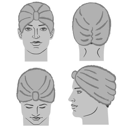 Turban or shower cap outlined oil pastel template sketch (front, back, side views) and man head, vector illustration isolated on white backgroundのイラスト素材