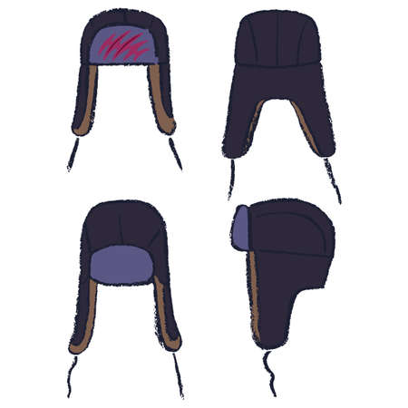 Ushanka russian winter hat and man head outlined oil pastel template sketch (front, back and side views), vector illustration isolated on white background のイラスト素材