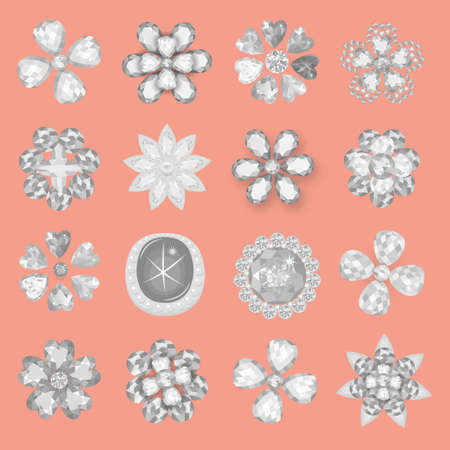 Pocket bag gemstones jewelry brooch flower pattern set isolated on white background (vector illustration)のイラスト素材