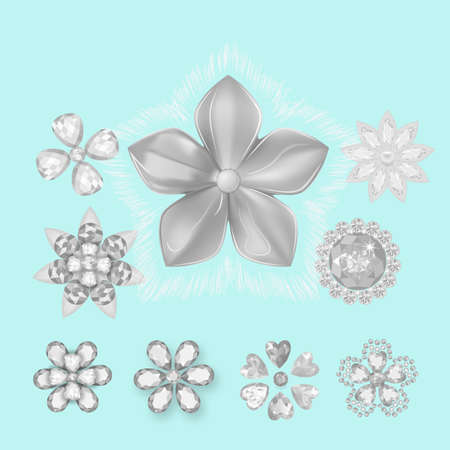 Pocket bag gemstones jewelry brooch flower pattern set isolated on white background (vector illustration)のイラスト素材