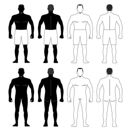Fashion hero man body full length template figure set silhouette in shorts (front, back views), vector illustration isolated on white backgroundのイラスト素材