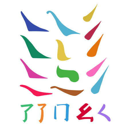 Main Chinese hieroglyphs calligraphy graphic symbol colored element set (FALLING RIGHTWARDS, UPPING LINES, SINGING CRICKET, CURLED DRAGON, FROLICKING BUTTERFLY and SURROUNDING LINE), vector illustration isolated on white backgroundのイラスト素材