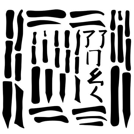 Main Chinese hieroglyphs calligraphy graphic symbol colored element set (DOT, HOOK, HORIZONTAL, VERTICAL, FALLING LEFTWARDS, FALLING RIGHTWARDS, UPPING LINE, SINGING CRICKET, CURLED DRAGON, FROLICKING BUTTERFLY and SURROUNDING LINE), vector illustration isolated on white backgroundのイラスト素材