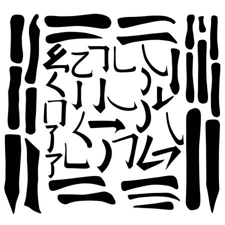 Main Chinese hieroglyphs calligraphy graphic symbol colored element set (HORIZONTAL, VERTICAL, DOT, SINGING CRICKET, CURLED DRAGON, FROLICKING BUTTERFLY and SURROUNDING LINE), vector illustration isolated on white backgroundのイラスト素材