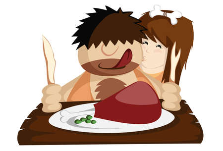 Have a Paleo Dinner - Happy prehistoric caveman couple having a huge bone-in meat for lunch or dinner  Nice illustration for paleo diet programs, valentines, restaurants のイラスト素材
