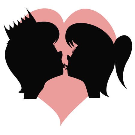 Kiss my prince - a pretty long haired girl s and a handsome prince s silhouette are about to kiss each other in front of a colored heartのイラスト素材