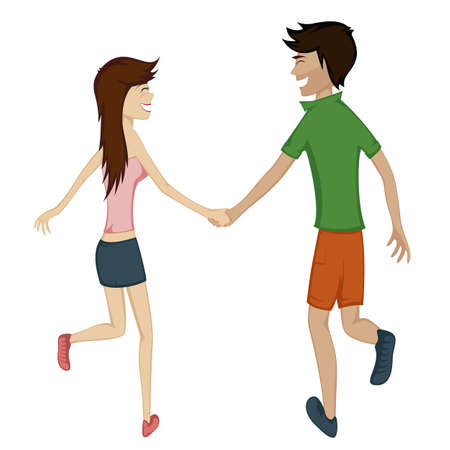 Happy running couple  spring  - Colorful and detailed cartoon-style art with a smiling and glad young couple is holding hands while running togetherのイラスト素材