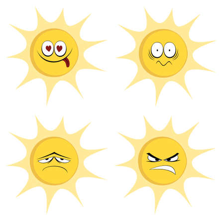 Summer sun mascots - Collection of four colored, cute sun character icons  emoticons  with different lookのイラスト素材