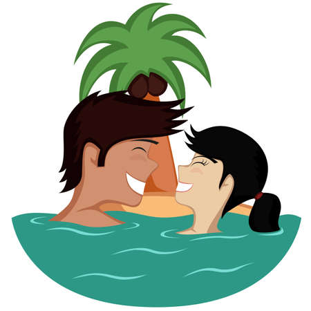 Couple in water - Colorful cartoon-style art with a smiling and glad young couple in water  tropical background のイラスト素材
