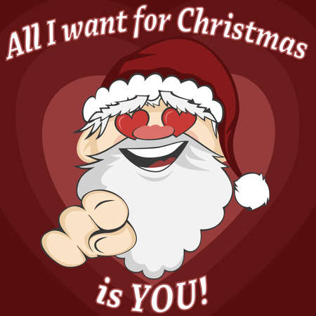 Santa Faces - Santa Claus is pointing at you with a lovely smile and heart-shaped eyes (with \"All I want for Christmas is YOU!\" text)のイラスト素材