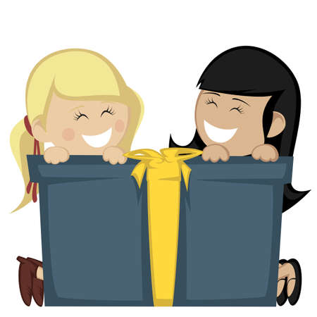 Big box surprise - Two little girl (blonde and black haired) smiling with a big blue gift box.のイラスト素材