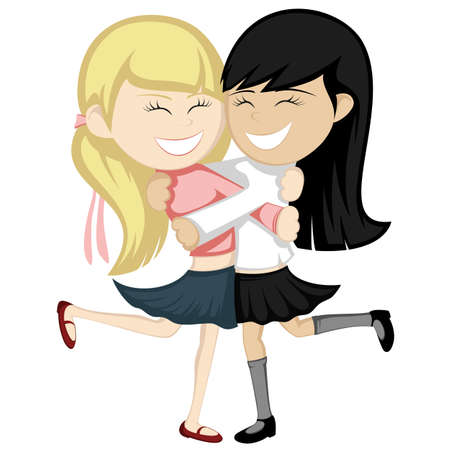 Hug collection - Lovely girlfriends are embracing and smiling (a blonde and a black haired girl).のイラスト素材