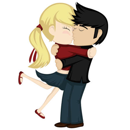 Kiss collection - Lovely couple is embracing and kissing (a blonde girl in skirt and a black haired boy).のイラスト素材