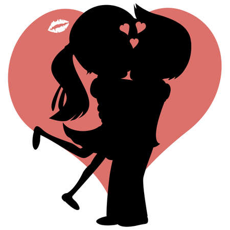 Kiss collection - Lovely couple is embracing and kissing in front of a red heart (silhouette).のイラスト素材