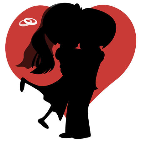 Kiss collection - Silhouette of a lovely newlywed couple is embracing and kissing in front of a heart shape.のイラスト素材