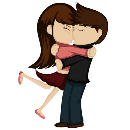 Kiss collection - Lovely couple is embracing and kissing (a brunette girl in red skirt and a brown haired boy).のイラスト素材