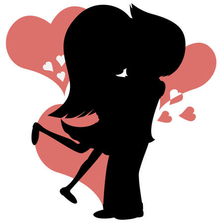 Kiss collection - Lovely couple is embracing and kissing in front of red hearts (silhouette).のイラスト素材