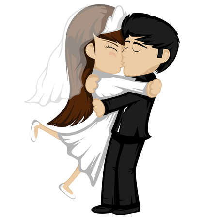 Kiss collection - Lovely newlywed couple is embracing and kissing (a brunette bride and a black haired groom).のイラスト素材