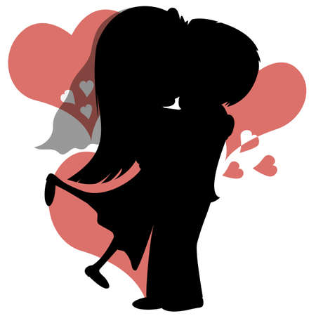 Kiss collection - Silhouette of a lovely newlywed couple is embracing and kissing in front of heart shapes.のイラスト素材
