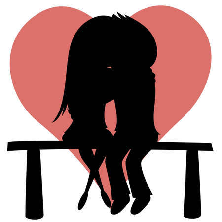 Be my Valentine! - Silhouette of a lovely couple sit on a bench.のイラスト素材