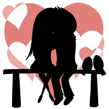 Be my Valentine! - Silhouette of a lovely couple sit on a bench with birdies.のイラスト素材