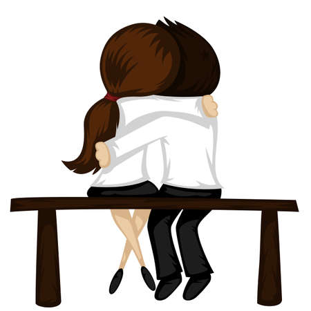Be my Valentine! - Lovely couple sit on a bench (a brunette girl and a brown haired boy).のイラスト素材