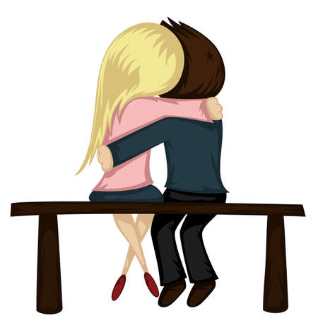 Be my Valentine! - Lovely couple sit on a bench (a blonde girl in skirt and a brown haired boy).のイラスト素材