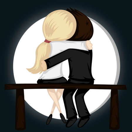 Be my Valentine! - Lovely couple sit on a bench in front of a full moon (a blonde girl and a brown boy).のイラスト素材