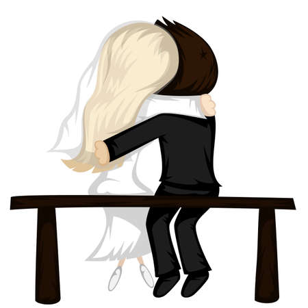 Be my Valentine! - Lovely newlywed couple sit on a bench hugging.のイラスト素材