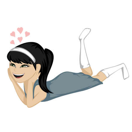 Lying on the floor - A black haired girl is daydreaming on the floor in nightgown (fallen in love).のイラスト素材