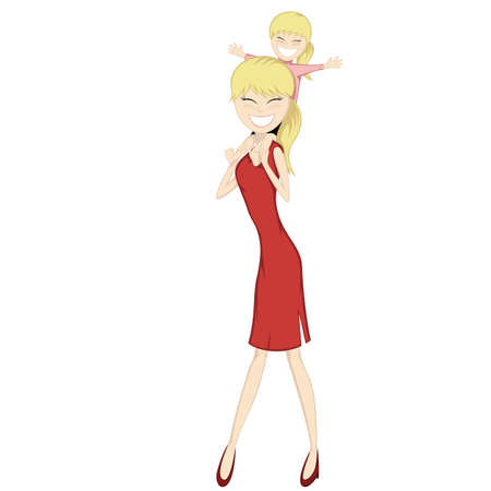 Ride on mommy! - A cute blonde little girl sit on her blonde mother s neckのイラスト素材