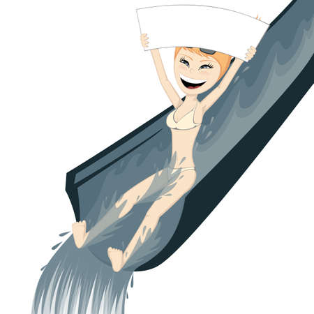 Cute ginger girl slides in aqua park with a white boardのイラスト素材